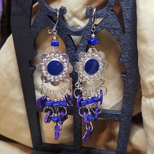 Chic Blue and Silver Floral Dangle Earrings